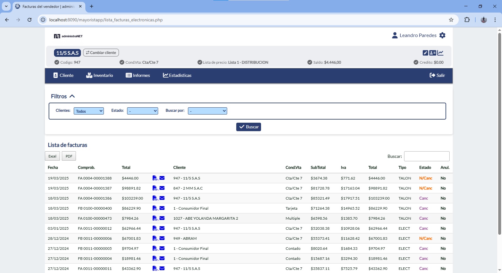 administraNET Gestión Lista de comprobantes electronicos para descargar y enviar por correo a cliente